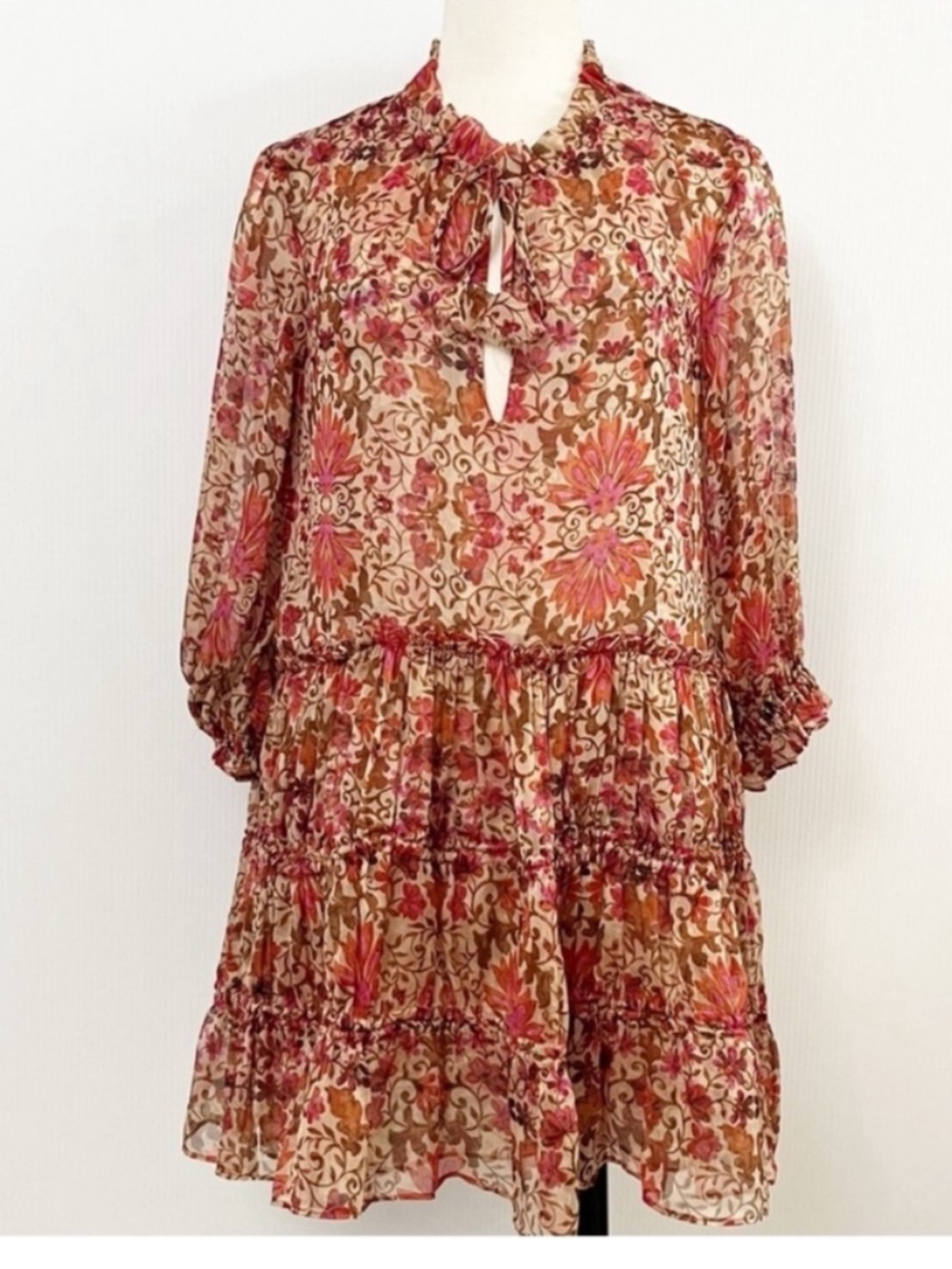 Misa Los Angeles Llanit Chiffon Floral Tie-Neck Tiered Swing Dress Pink Brown XS - Picture 1 of 13